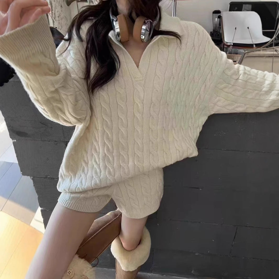 Women’s Two-Piece Set Pullover Sweater  – Wool Blend – Cable Knit – High Collar – Relaxed Fit – Long Sleeve