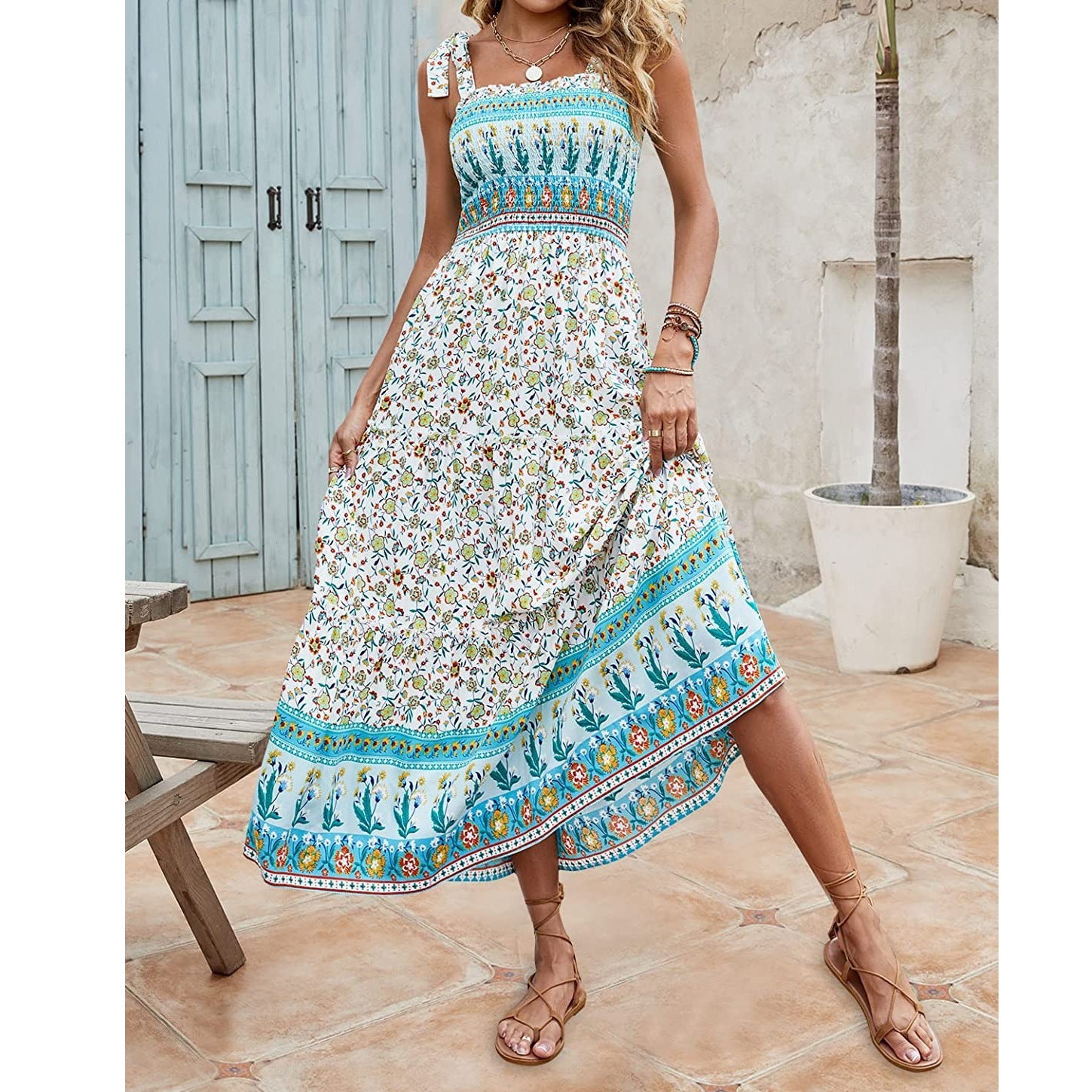 Camille - Women's Summer Long Bohemian Print Strap Loose Dress