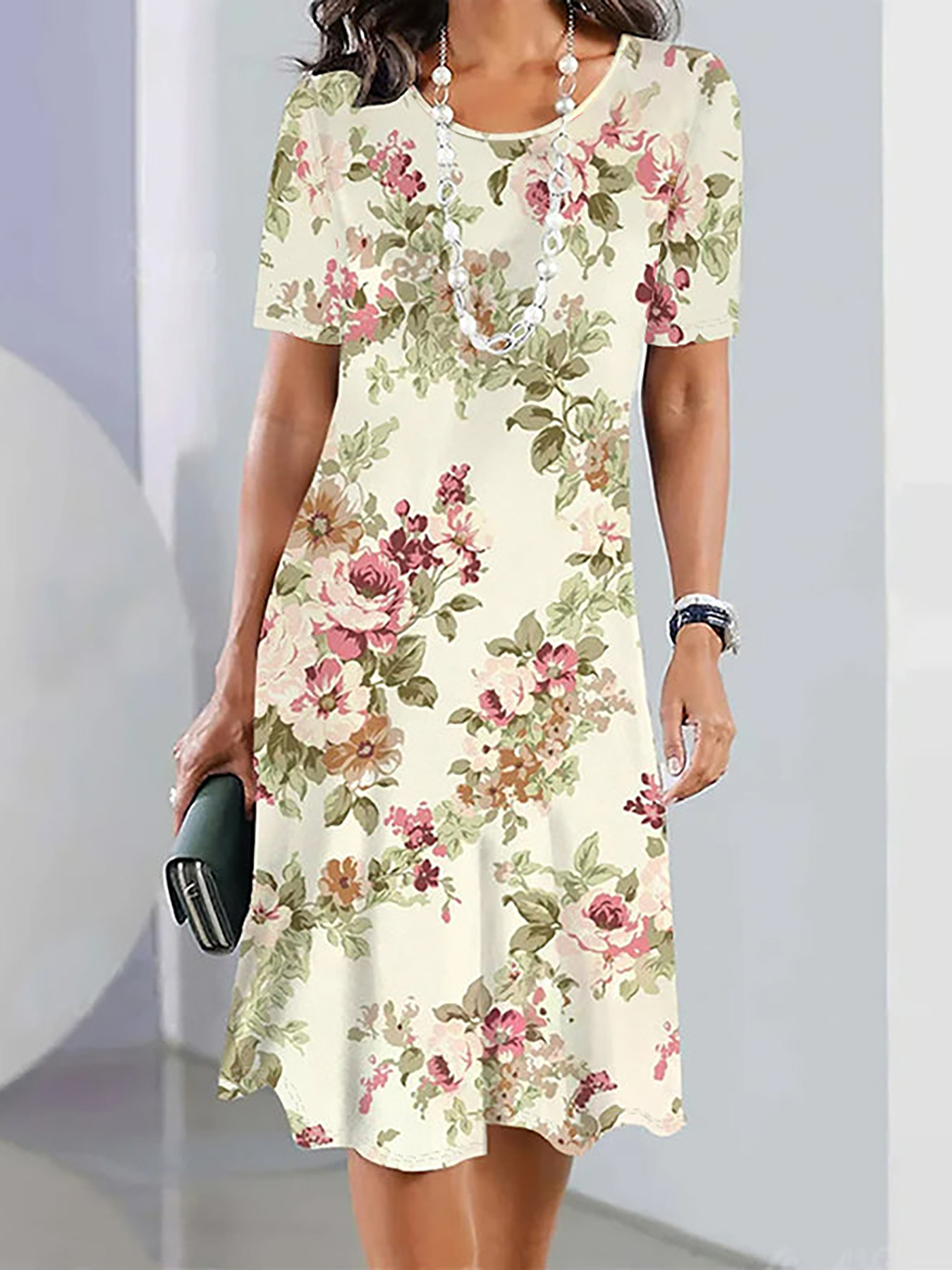 Hannah - floral printed crew neck half sleeves midi dress