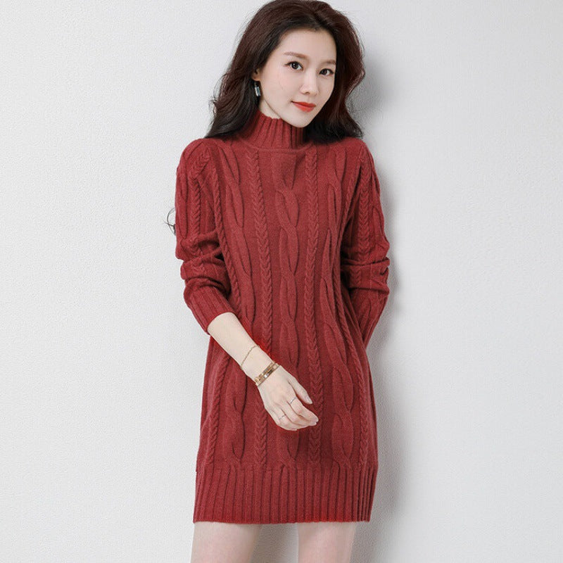 Women autumn/winter high collar loose knit sweater dress