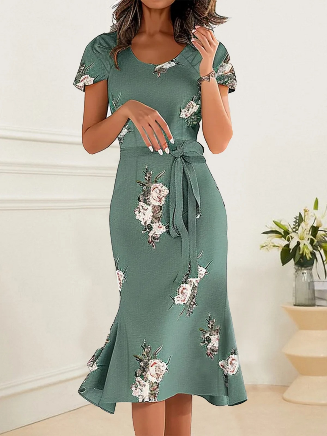 Penelope - crew neck short sleeves floral printed midi dress