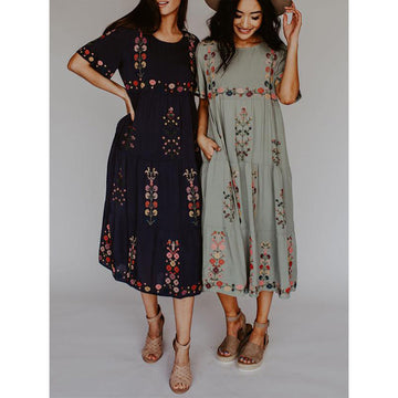 Women's Midi Dress - Floral Embroidered - Short Sleeve - Round Neck - Flowy Elegant Fit