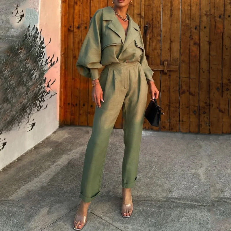 Women’s Two-Piece Set – Lightweight Draped Lapel Top – High-Waisted Tapered Pants