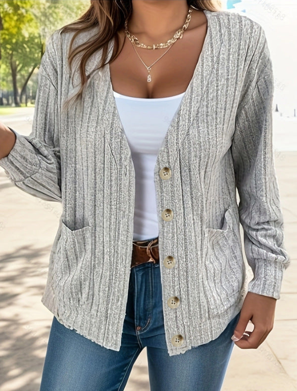 Women’s Cardigan – Relaxed Fit – Ribbed Knit – Button Front – Hip Length – Pockets