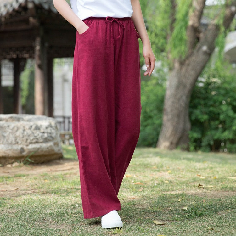 Women’s Wide-Leg Pants – Cotton Linen Blend – Relaxed Fit – Drawstring Waist – Pockets