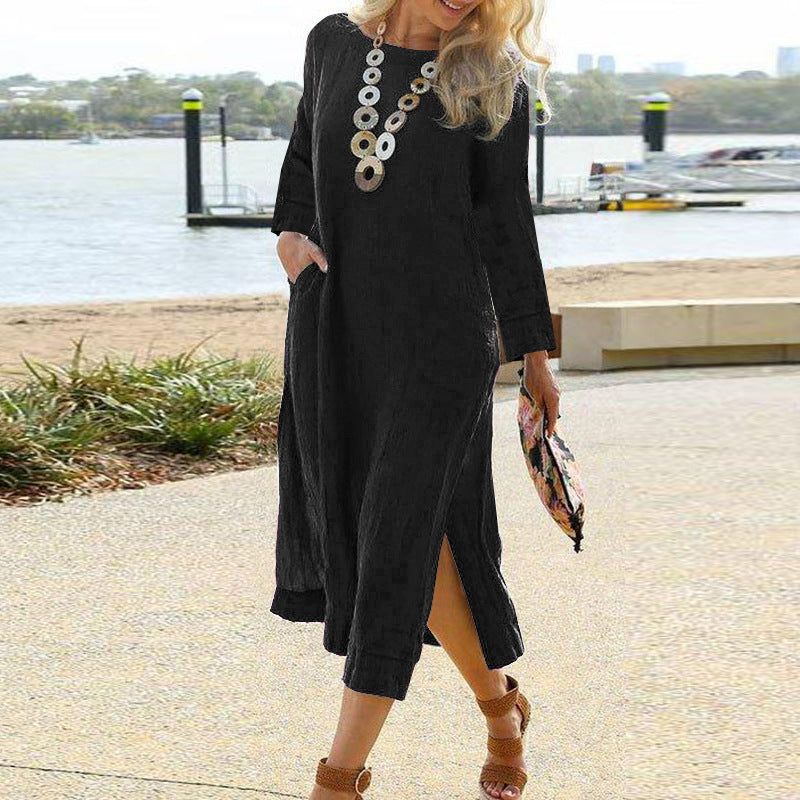 Women’s Shirt Dress – Relaxed Fit – Long Sleeve – Lightweight Woven – Midi Length – Pockets