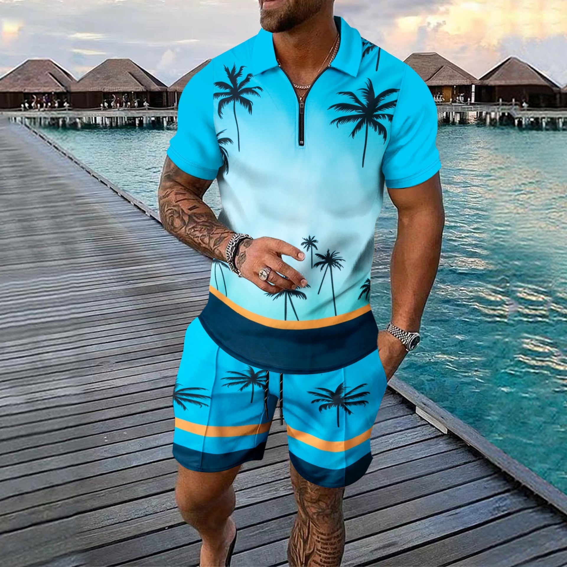 Men’s Sport Set – Slim Fit – Zip Neckline – Tropical Print