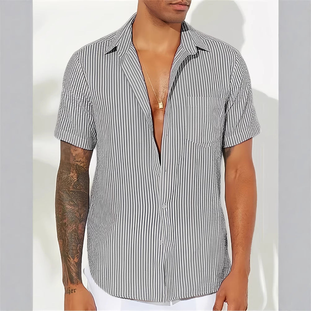 Men’s Short Sleeve Shirt – Cotton Blend – Relaxed Fit – Vertical Stripes – Chest Pocket