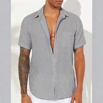 Men’s Short Sleeve Shirt – Cotton Blend – Relaxed Fit – Vertical Stripes – Chest Pocket