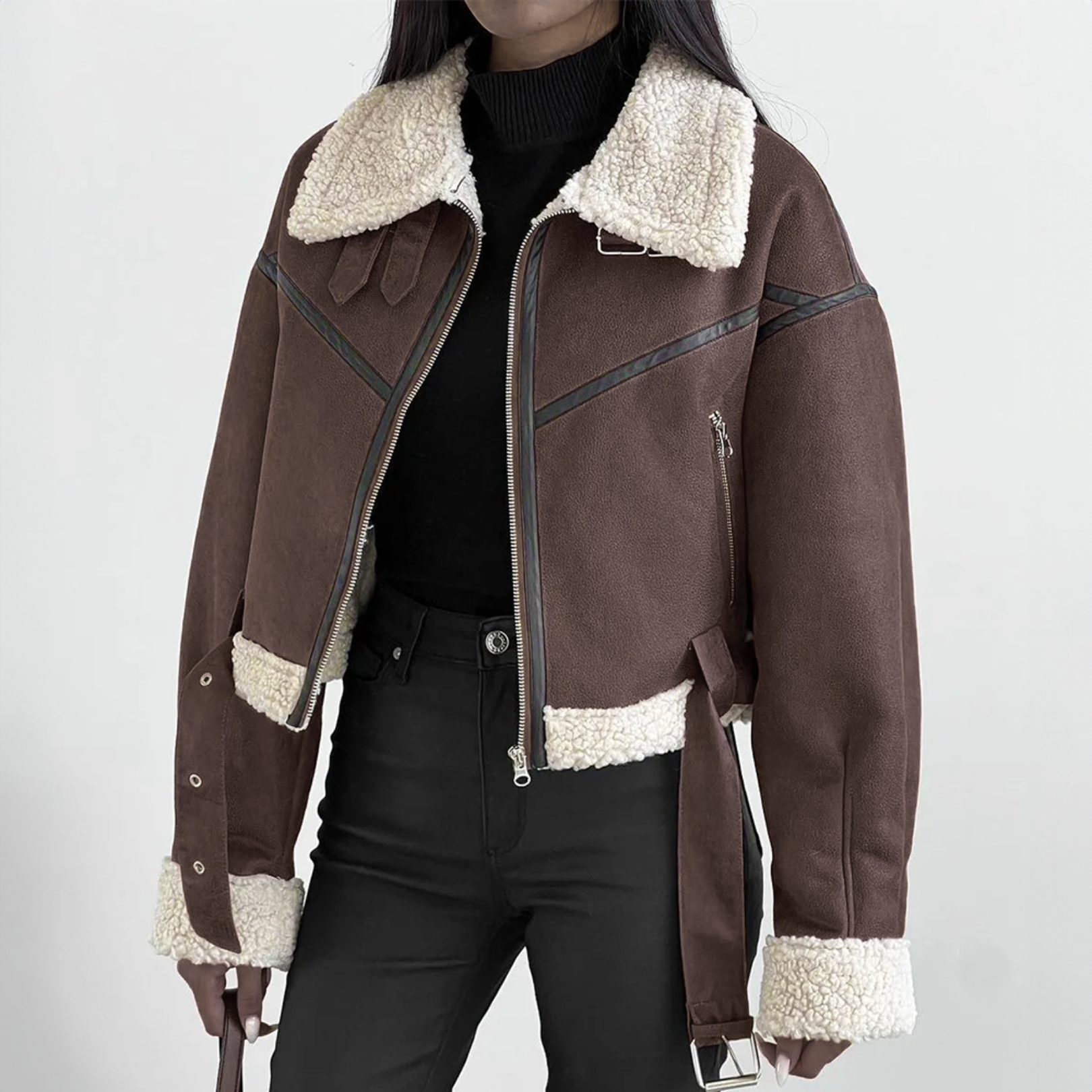 Aviator Jacket - Suede-Like Fabric - Shearling Collar & Lining - Zipper Closure