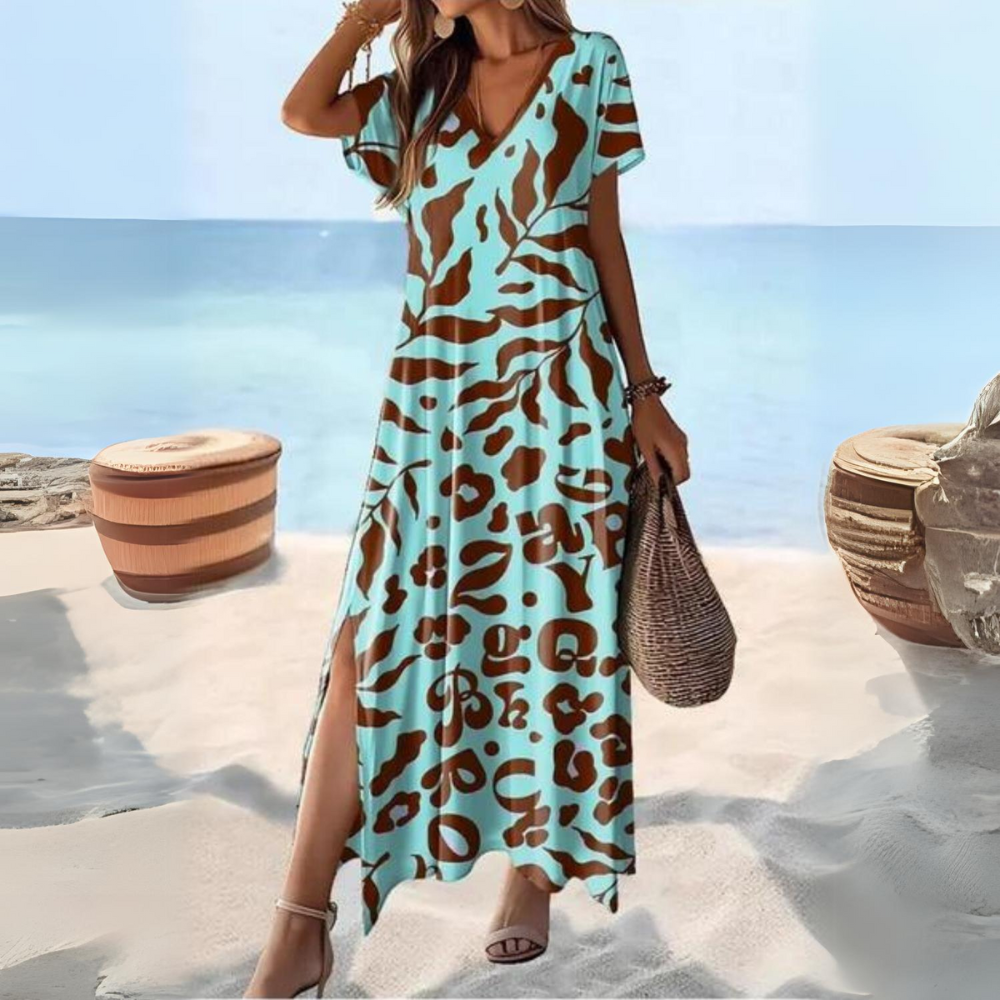 Women's Maxi Dress - Animal Print - V-Neck - Short Sleeve - Flowy with Side Slits