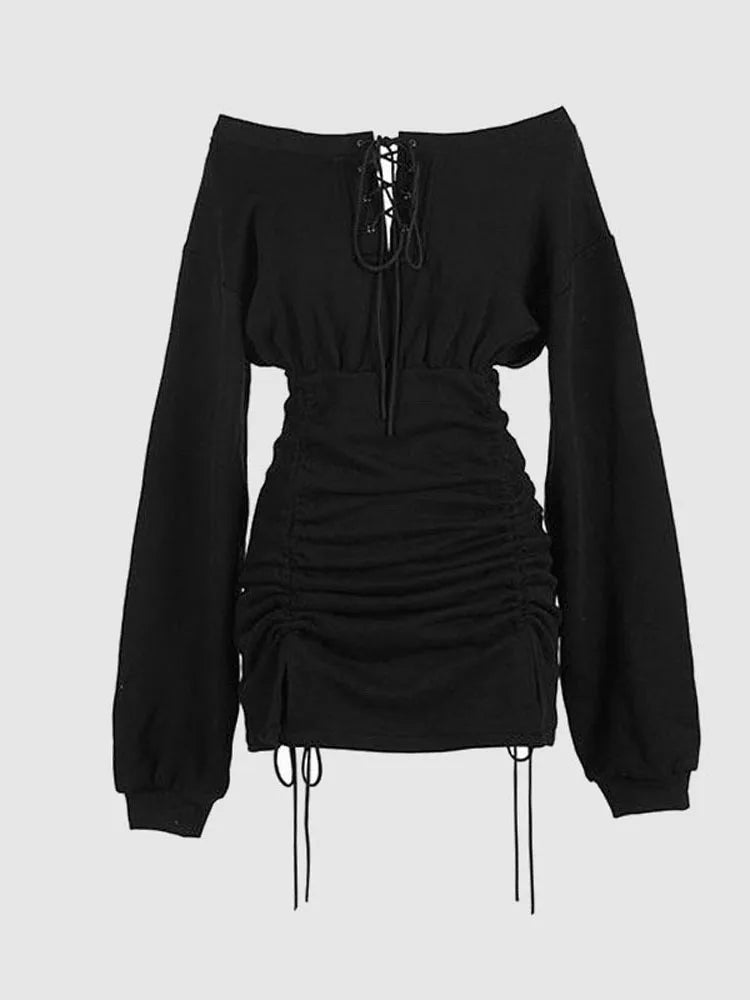 Women's Off-Shoulder Mini Dress - Ruched Body - Long Sleeve - Lace-Up Front