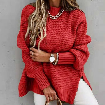 Women's half-high collar long sleeve knitted sweater with side slit