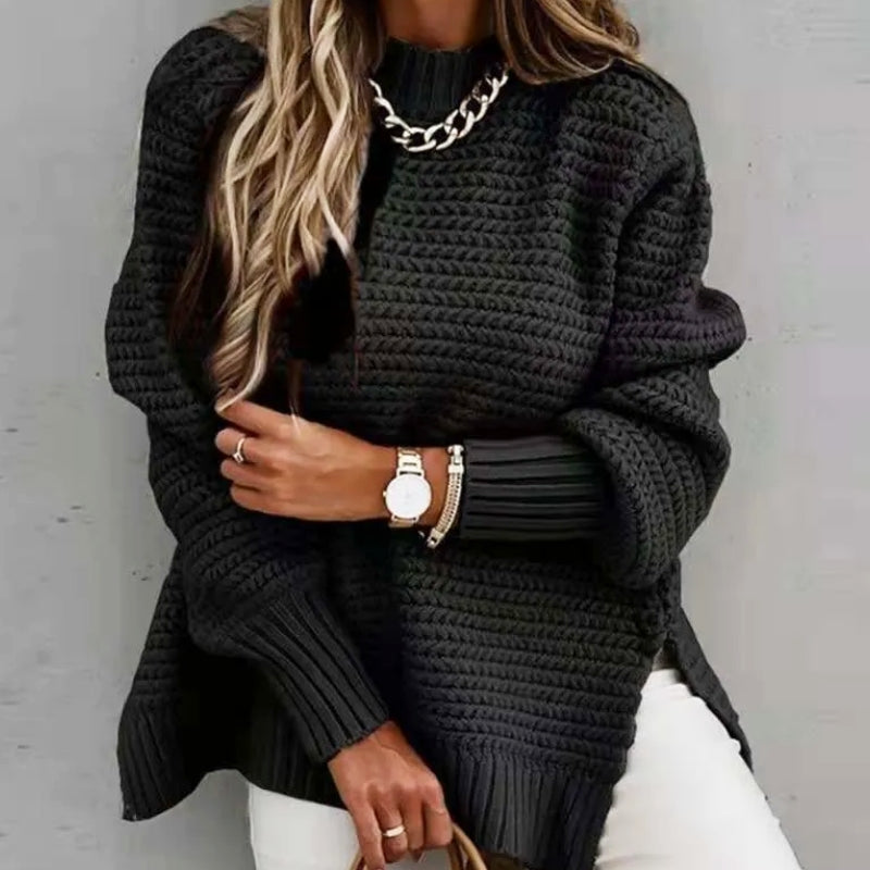 Women's half-high collar long sleeve knitted sweater with side slit