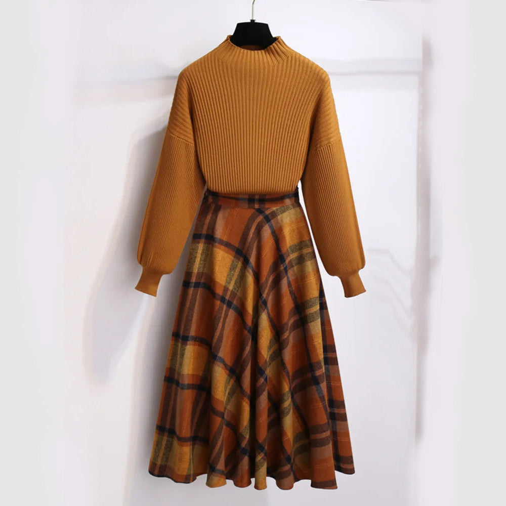 Women's knitted sweater and plaid pattern long skirt set