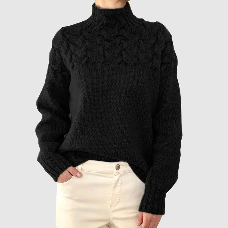 Women's knit turtleneck sweater with cable detail