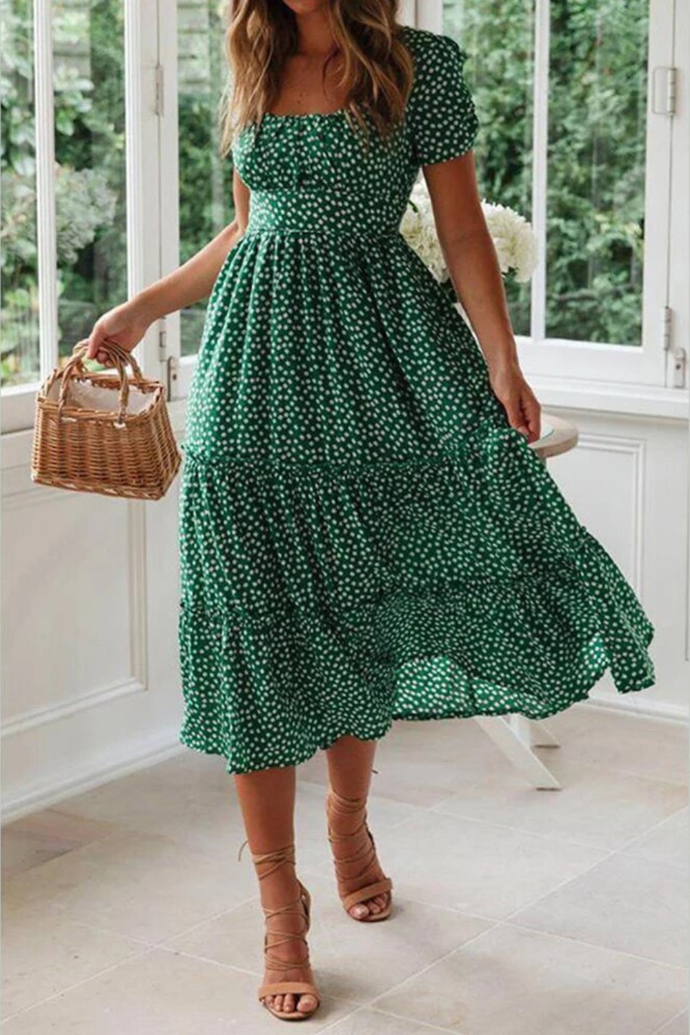 Women's Midi Dress - Square Neck - Puff Sleeve - Tiered Flowy Skirt - Floral Pattern