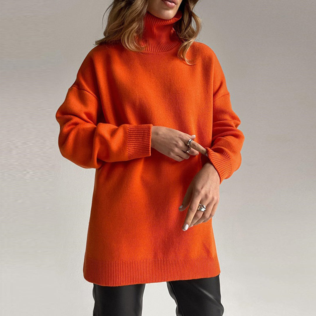 Women's Turtleneck Sweater - Oversized Knit - Long Sleeve - Ribbed Cuffs & Hem