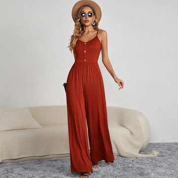 Women's Jumpsuit - Sleeveless Spaghetti Straps - Button-Up Front - Wide-Leg Relaxed Fit