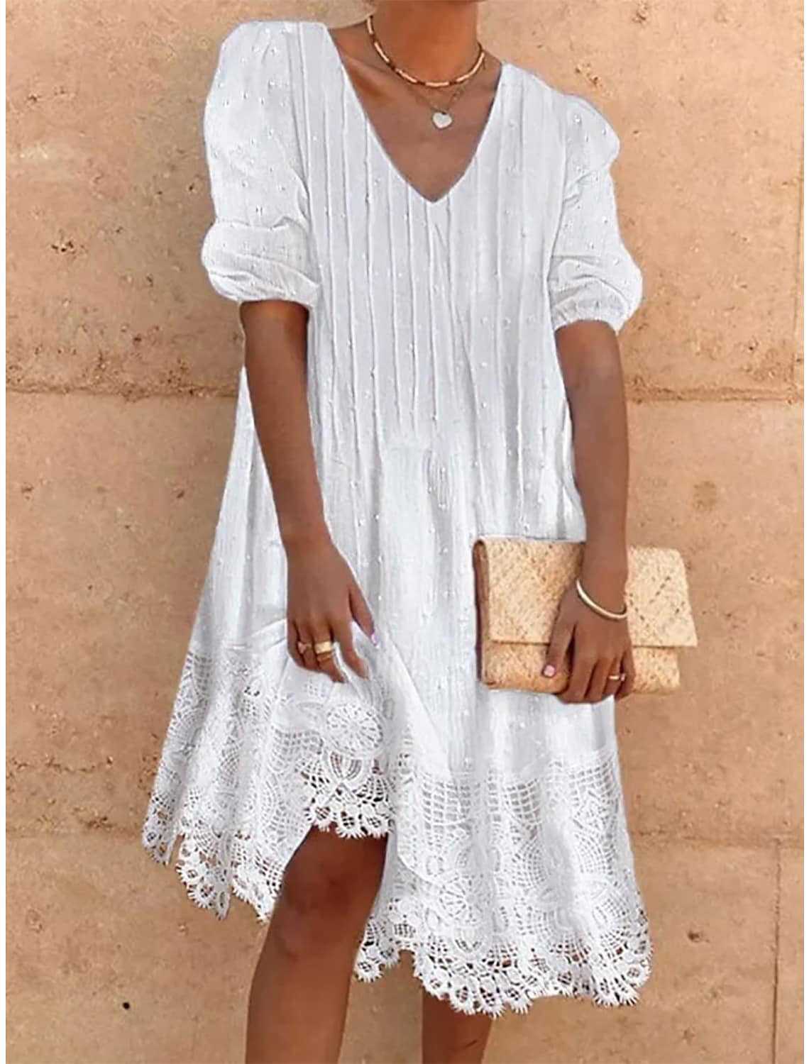 Women's V-Neck Dress - Puff Sleeve - Pleated Bodice - Lace Hem - Knee Length Elegant