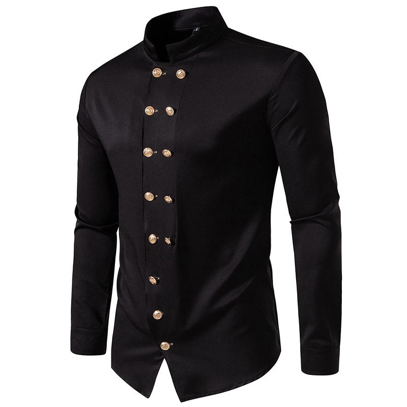 Men's elegant black mandarin collar button-up shirt