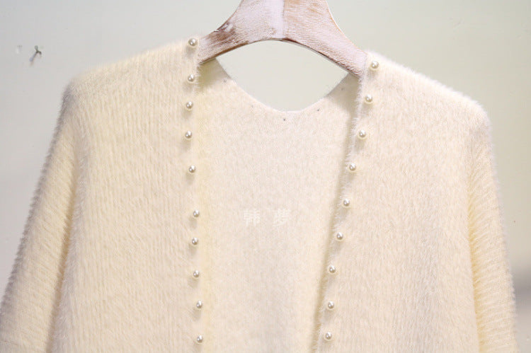 Women's open front knit cardigan with pearl accents