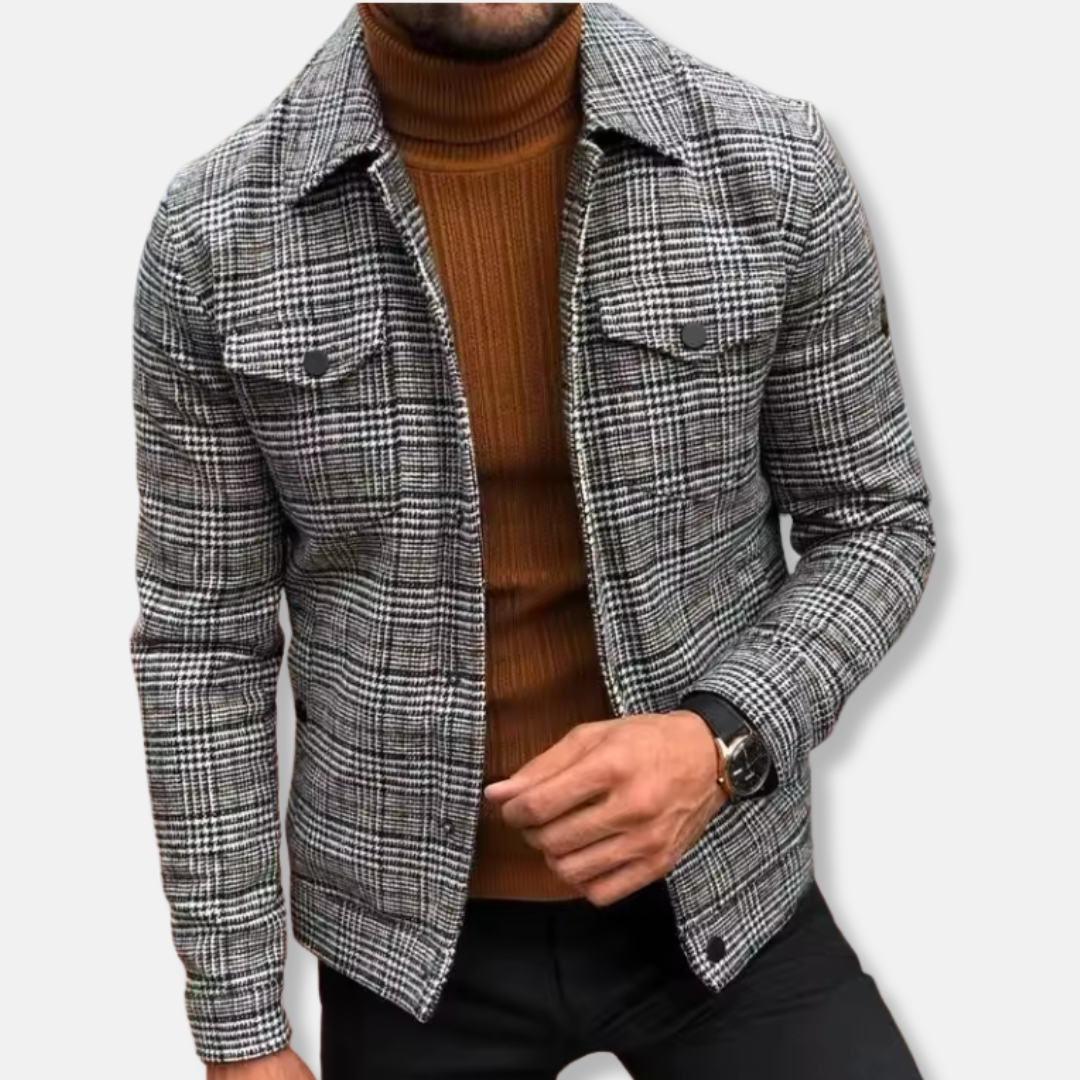 Men’s Plaid Jacket – Slim Fit – Lightweight Woven – Button Front – Turn-Down Collar