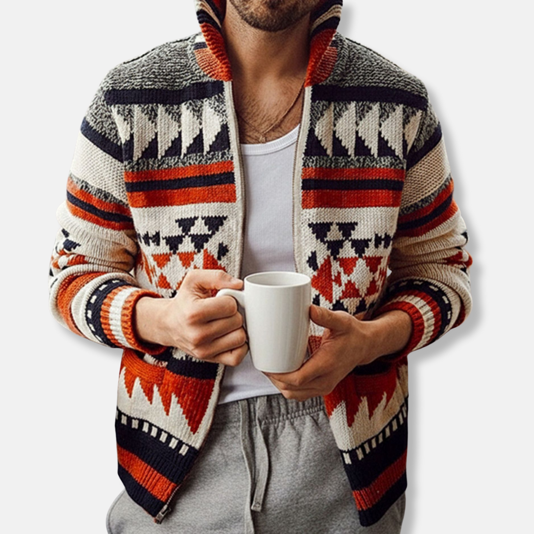 Men’s Cardigan – Wool Knit – Relaxed Fit – Full Zip – Tribal Geometric Design