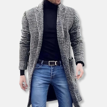 Men’s Trench Coat – Slim Fit – Wool Blend – Notched Lapel – Checkered Pattern – Full Length