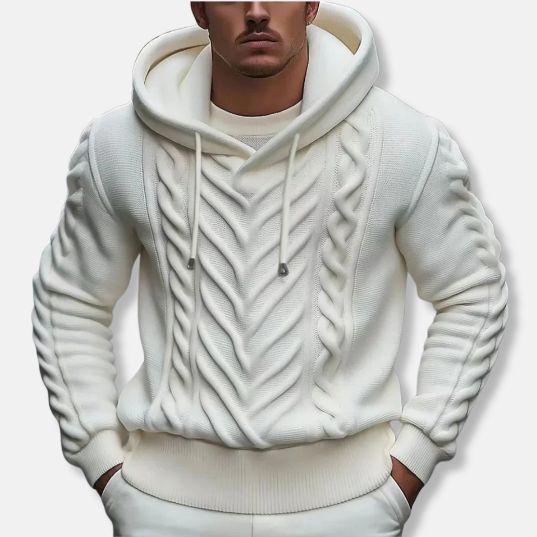 Men’s Hooded Pullover Sweater – Relaxed Fit – Knit Fabric – Cable Knit Design
