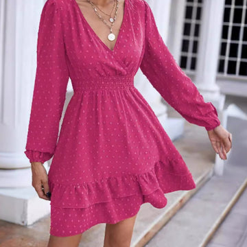 Women's V-Neck Dress - Long Sleeve - Shirred Waist - Layered Ruffle Hem - Elegant Fit