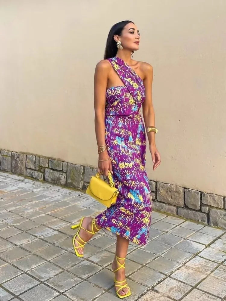 Women's One-Shoulder Midi Dress - Elegant Fit - Vibrant Printed Pattern