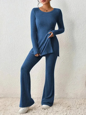 Women's Two-Piece Set - Knitted Flare Pants & Slim Long Sleeve Top - Stretchy & Elegant