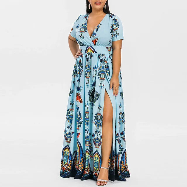 Women's Maxi Dress - V-Neck - Short Sleeve - Fitted Waist - Flowing Skirt with Slit