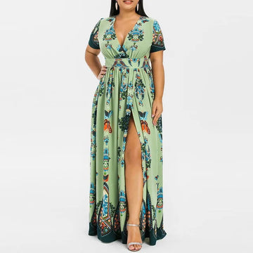 Plus Size Women's Butterfly Print V-Neck Short Sleeve Maxi Dress