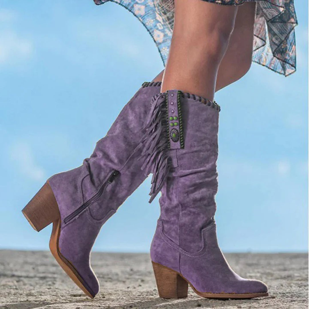 Women's Knee-High Boots - Western Style - Fringe & Stud Details - Block Heel