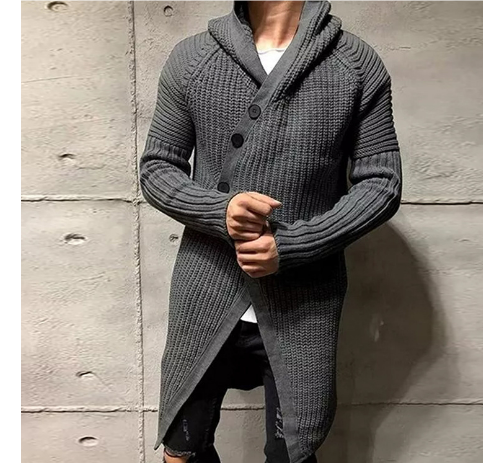 Men's hooded longline knit cardigan