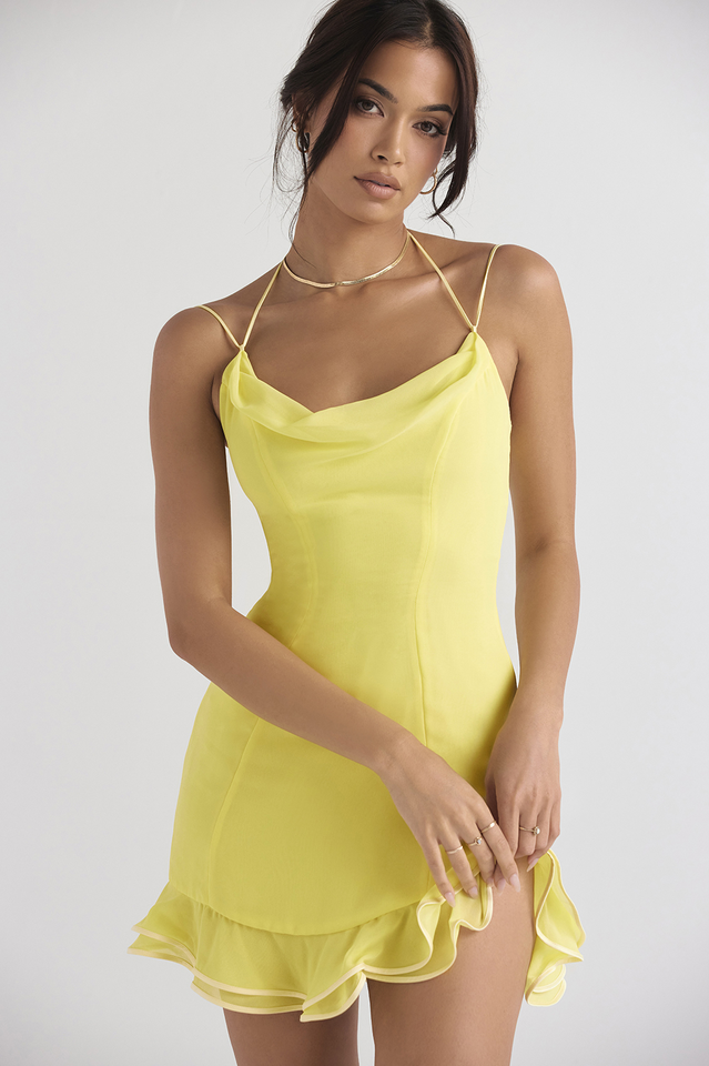 Women's Cocktail Dress - Cowl Neck - Sleeveless Spaghetti Straps - Fitted Silhouette - Ruffle Hem