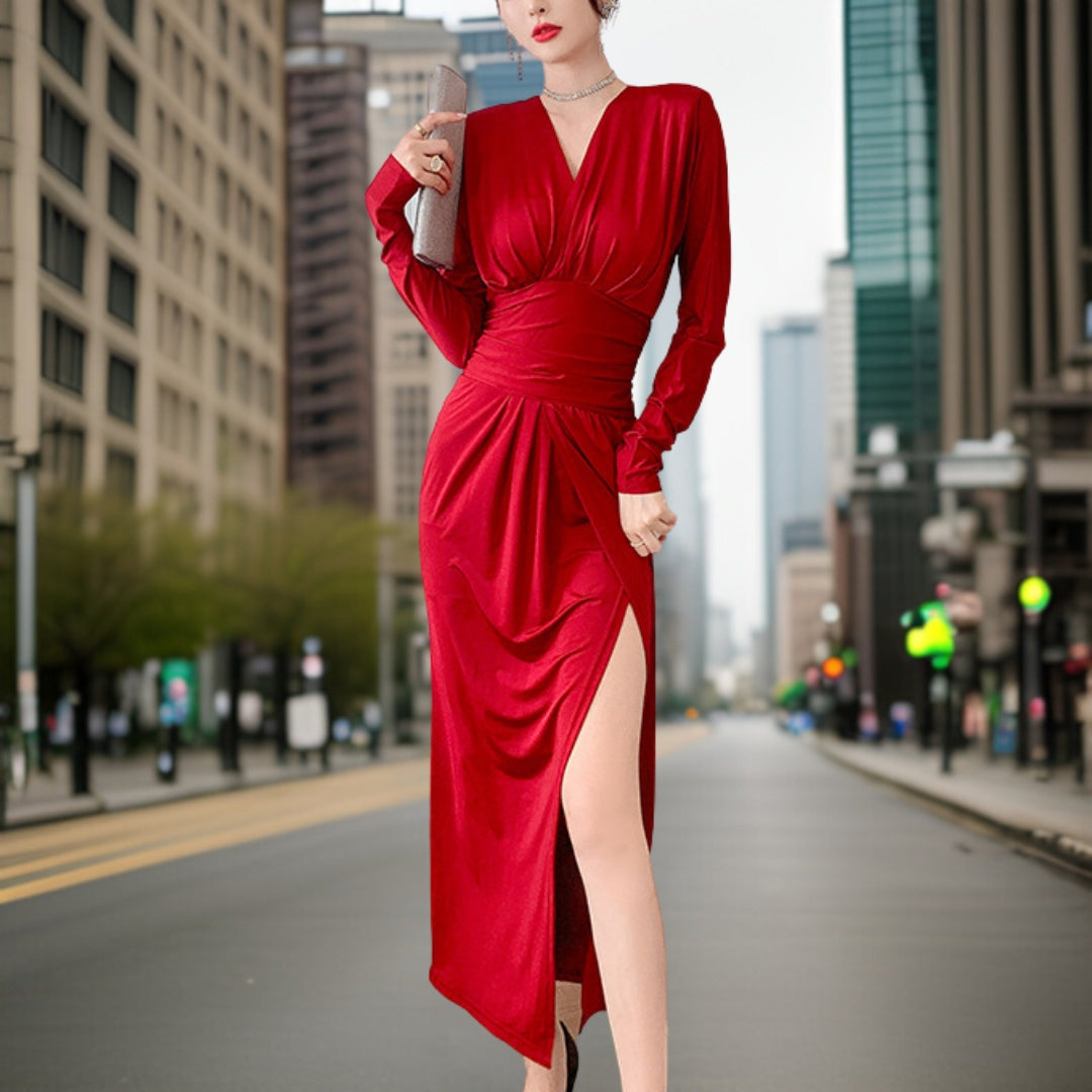 Women's Evening Gown - Floor-Length - V-Neck - Long Sleeve - High Slit Elegant Dress