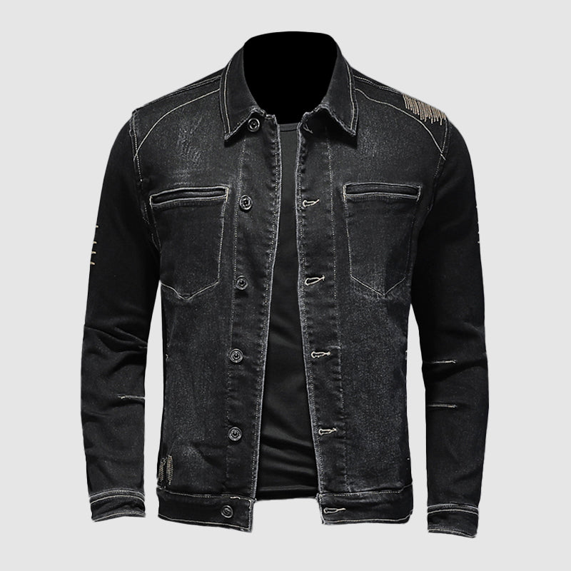 Men's black denim jacket with distressed details