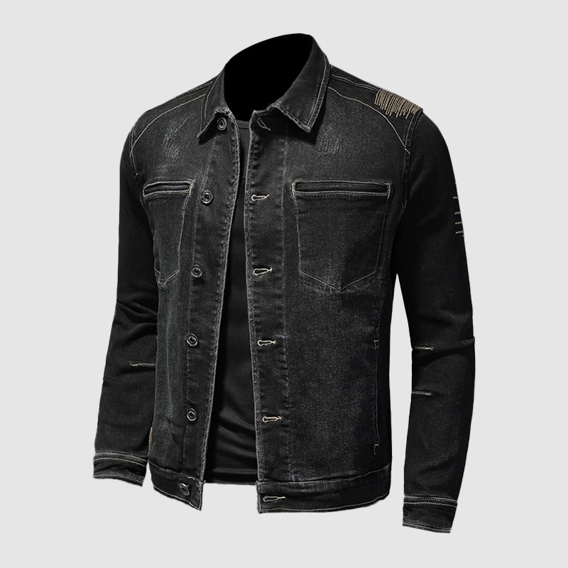 Men's black denim jacket with distressed details