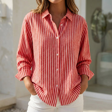 Relaxed-Fit Striped Button-Down Shirt Blouse with Cuffed Sleeves