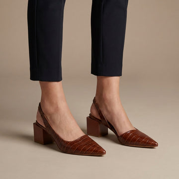 Embossed Croco Slingback Pumps with Pointed Toe and Block Heel