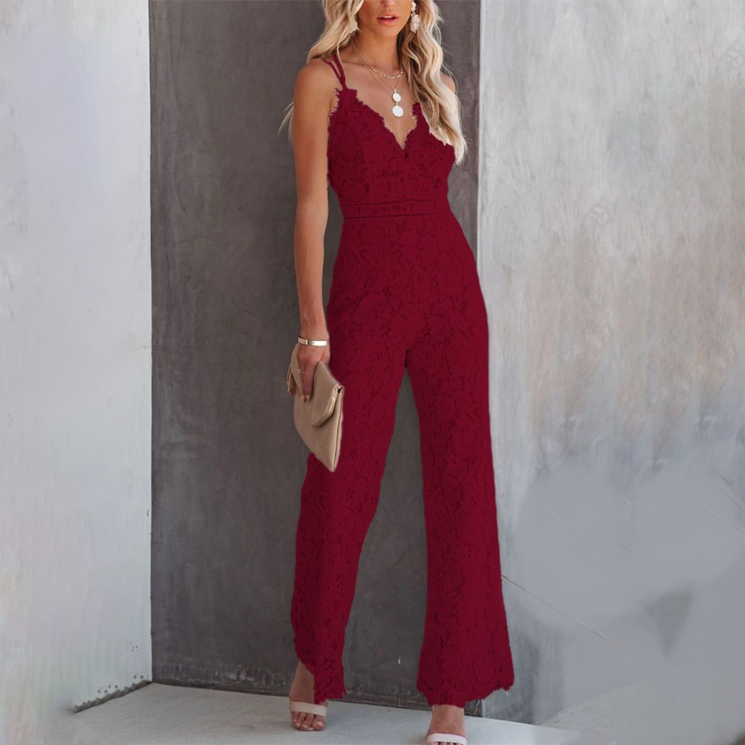 Women's Lace Jumpsuit - Sleeveless Spaghetti Straps - Plunging V-Neck - Wide Leg Elegant Fit