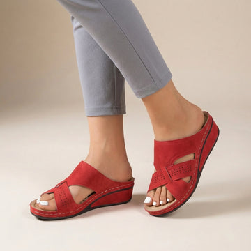 Suede Slip-On Wedge Sandals with Artistic Cutout Straps and Open Toe