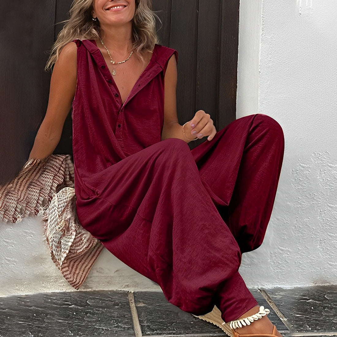 Women’s Jumpsuit – Relaxed Fit – Wide Leg – Sleeveless – V-Neck – Lightweight Cotton Blend