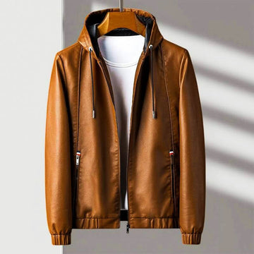 Men’s Hooded Jacket – Regular Fit – Leather-Like Texture – Full Zip – Zippered Pockets