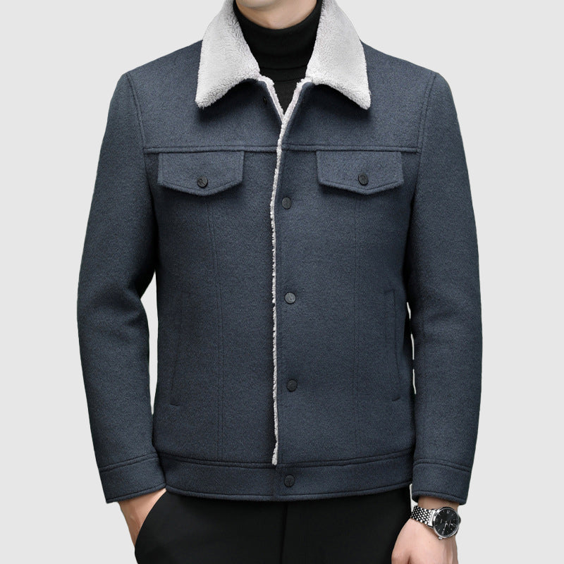 Men’s Jacket – Regular Fit – Wool Look – Sherpa Lined with Fleece Collar – Button Front