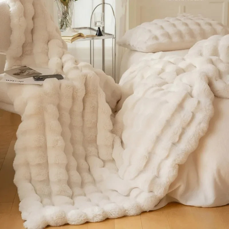 Faux Rabbit Fur Ribbed Throw Blanket