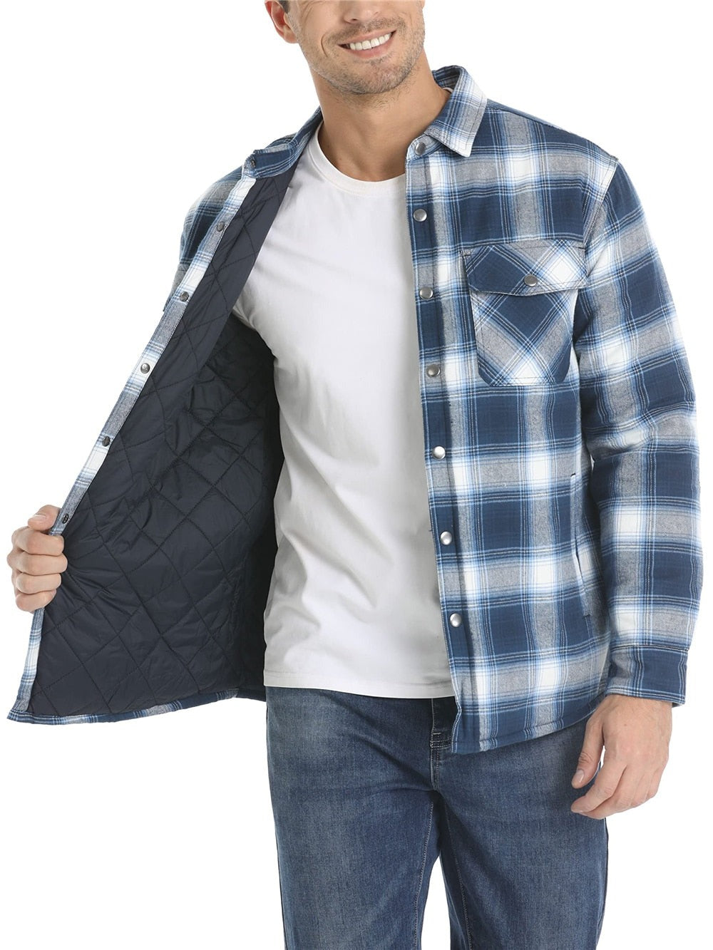 Warm plaid flannel jacket with pockets for men